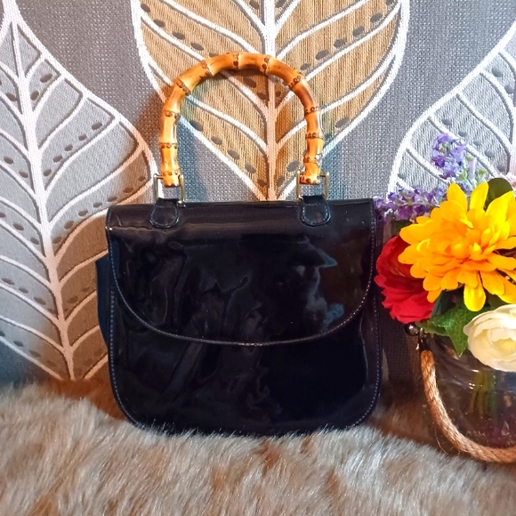Vintage Bamboo Handle Patented Leather Black Vinyl Evening Handbag 8" - Picture 1 of 12